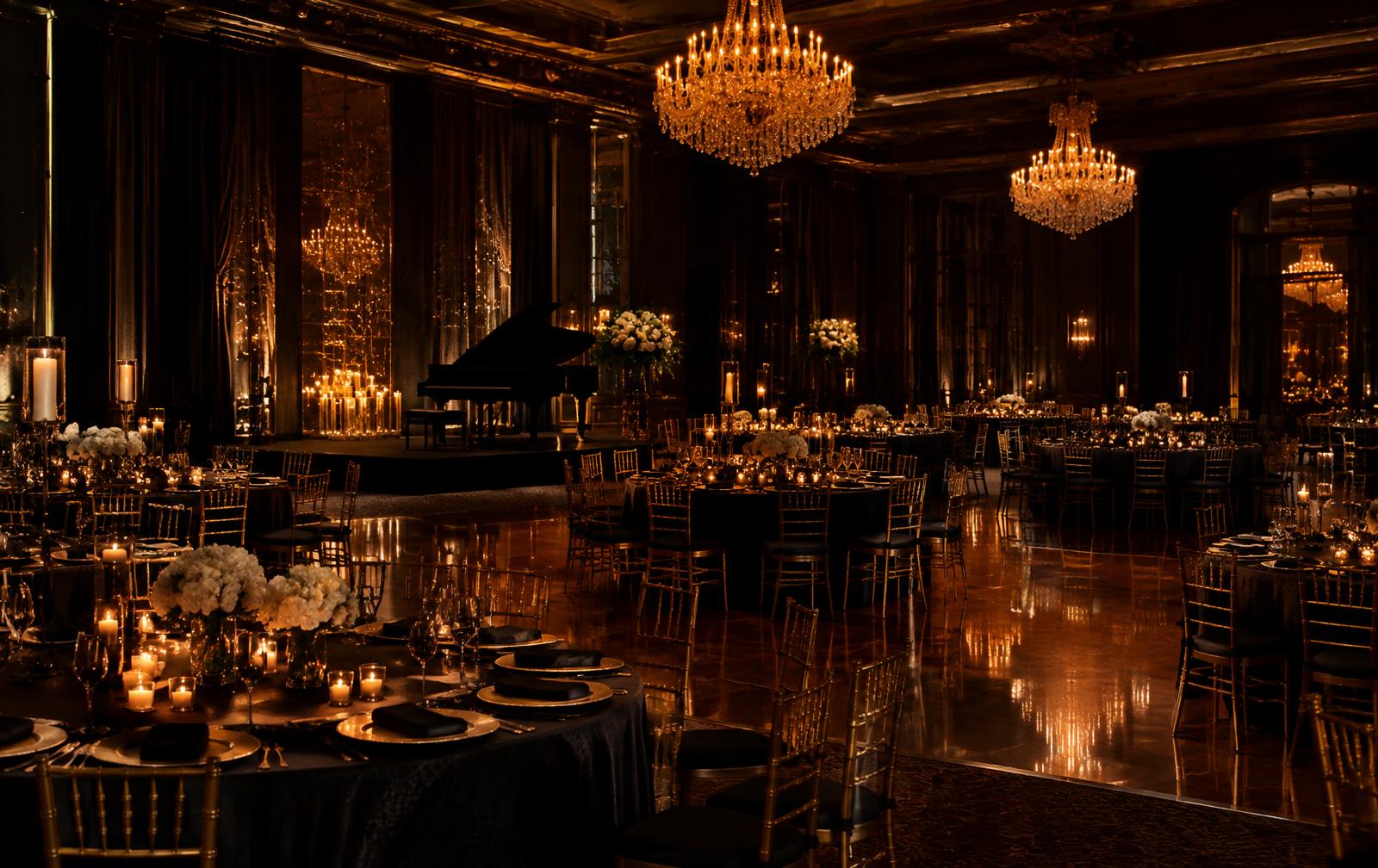 Candlelit ballroom set with black and gold tables
