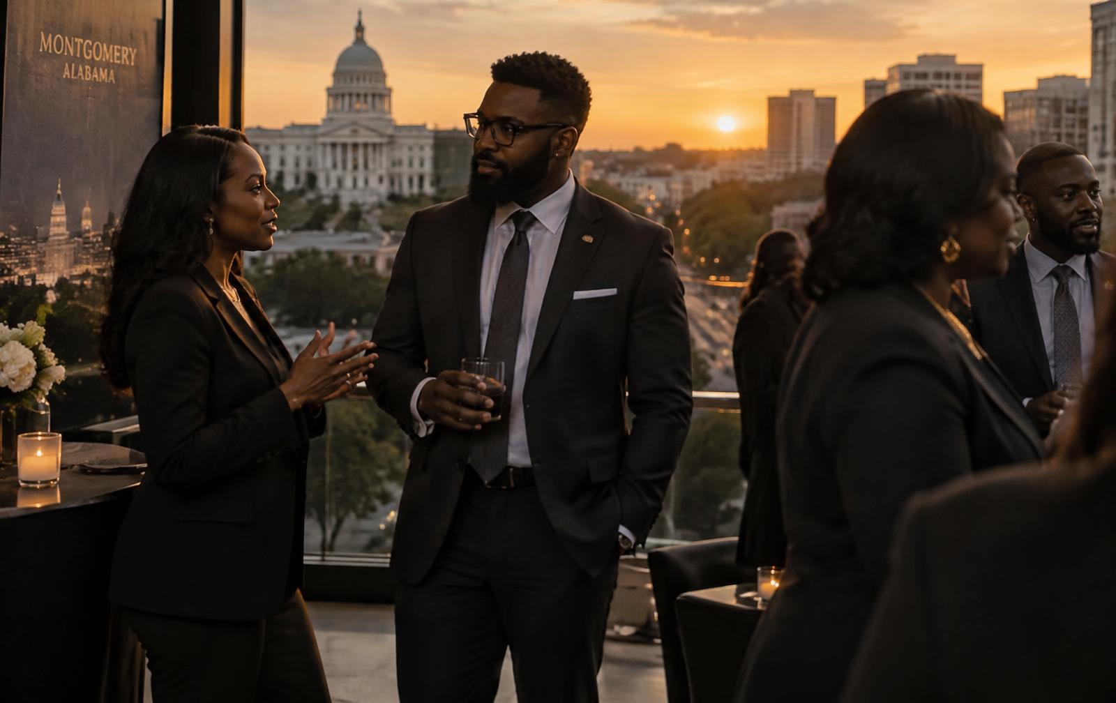Black business professionals networking at sunset in downtown Montgomery